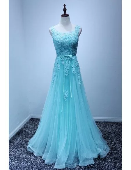 Feminine A-line Scoop Neck Floor-length Tulle Prom Dress With Appliques ...