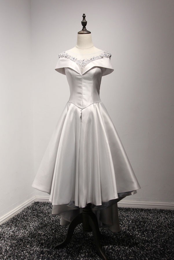 Gorgeous High Low Satin Homecoming Dress, Round Neckline Lace-up Dress