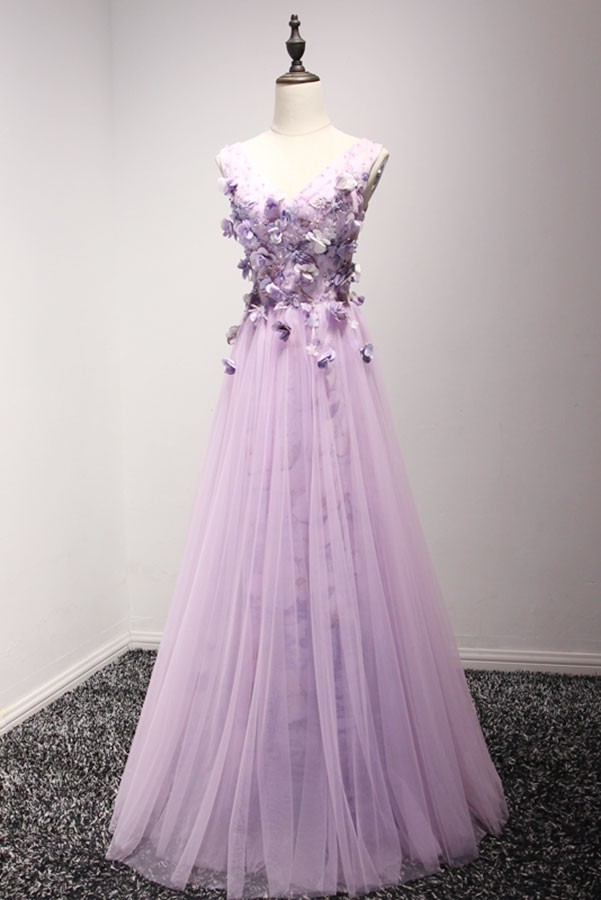 Romantic A-Line Deep V Neck Short Sleeve Tulle Maxi Floral Dress