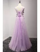 Romantic A-line V-neck Floor-length Tulle Prom Dress With Flowers