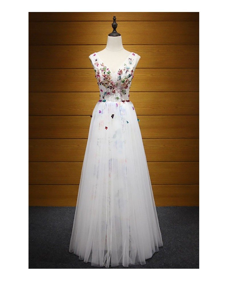 Special A Line V Neck Floor Length Tulle Prom Dress With Beading Ay041 18999 8423