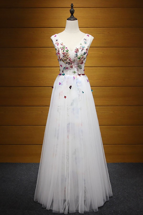 A-line Deep-V Floor-Length Tulle Prom Dresses With Beading