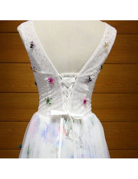 A Line Beading Two Pieces High Neck Tulle Prom Dresses LBQ2534