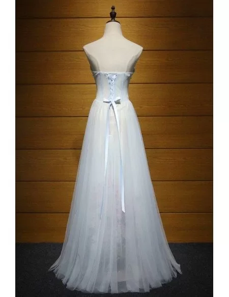 Grey A-line Sweetheart Floor-length Tulle Prom Dress With Flowers