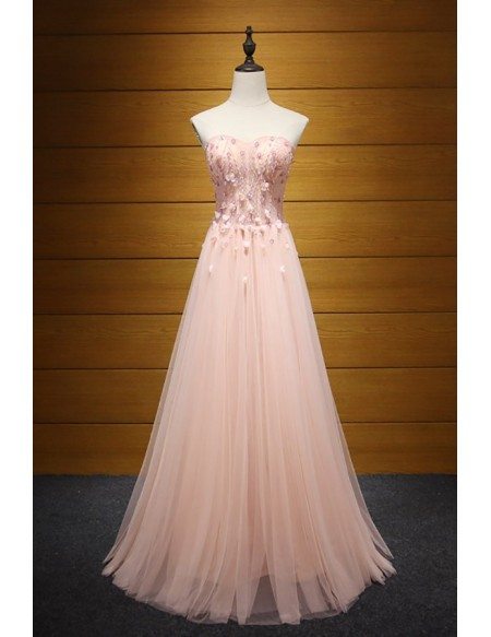 A-line Sweetheart Floor-Length Tulle Prom Dresses With Rhinestone Beading Sequins