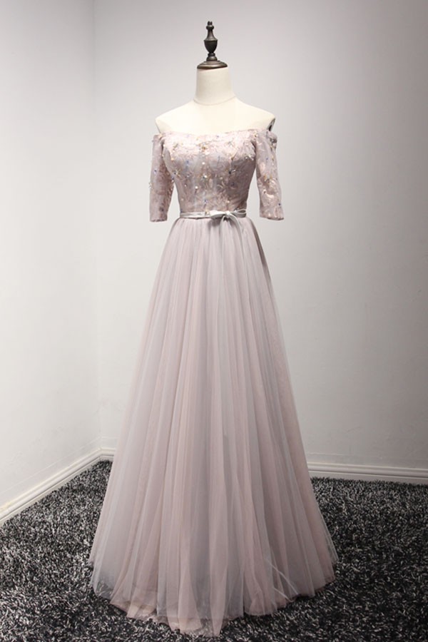 Trendy A-line Off-the-Shoulder Tulle Lace Appliques Prom Gown JTE585 main image 1