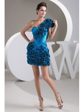 A-line One-shoulder Short Satin Prom Dress With Cascading Ruffle