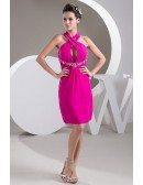 Sheath Halter Knee-length Satin Prom Dress With Beading