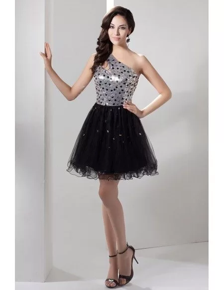 A-line One-shoulder Short Tulle Prom Dress With Beading #OP4772 $165.2 ...