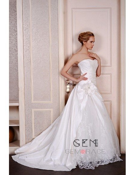 Ball-Gown Sweetheart Court Train Satin Tulle Wedding Dress With Appliquer Lace Flowers