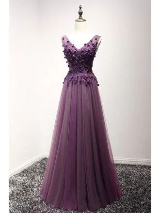 Grape A-line V-neck Floor-length Tulle Prom Dress With Appliques Lace