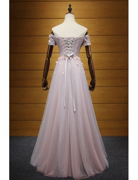 A-Line/Elegant Off-the-Shoulder Floor-Length Tulle Sleeveless Beading Prom Dresses main image 0