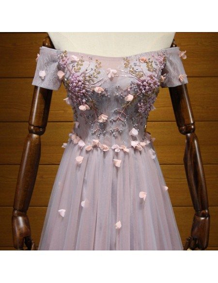 A-Line/Elegant Off-the-Shoulder Floor-Length Tulle Sleeveless Beading Prom Dresses main image 0