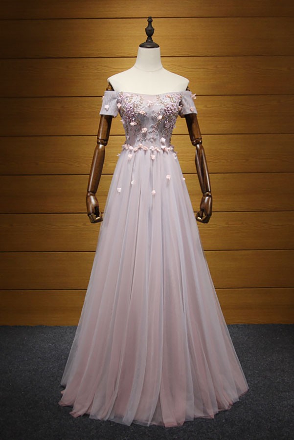 Blush A-line Off-the-shoulder Floor-length Tulle Prom Dress With ...