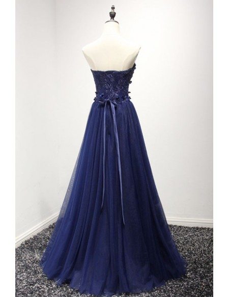 Navy A-line Sweetheart Floor-length Tulle Prom Dress With Appliques Lace