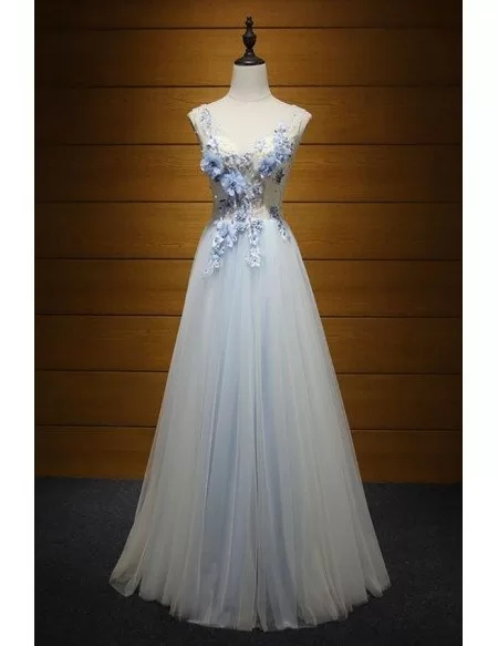 a line v neck tulle prom dress