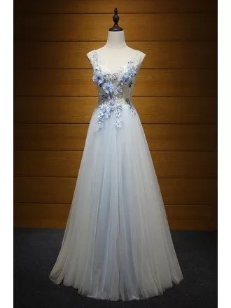 Romantic A-line V-neck Floor-length Tulle Prom Dress With Flowers