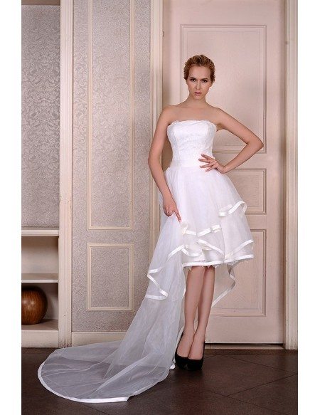 A-Line Strapless Asymmetrical Organza Wedding Dress With Appliquer Lace Trim