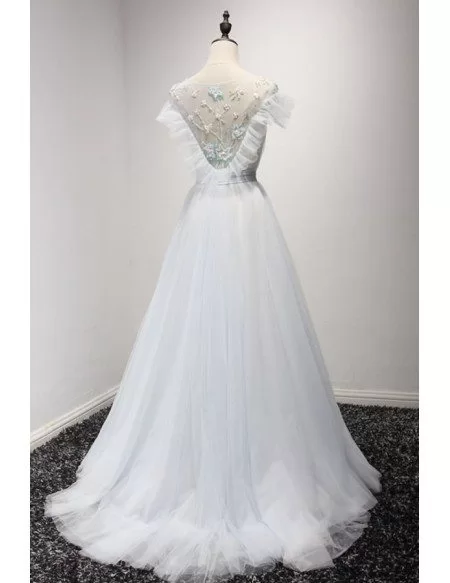 Blue Ball-gown Sweetheart Floor-length Tulle Prom Dress With Beading