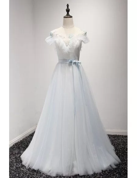 Blue Ball-gown Sweetheart Floor-length Tulle Prom Dress With Beading