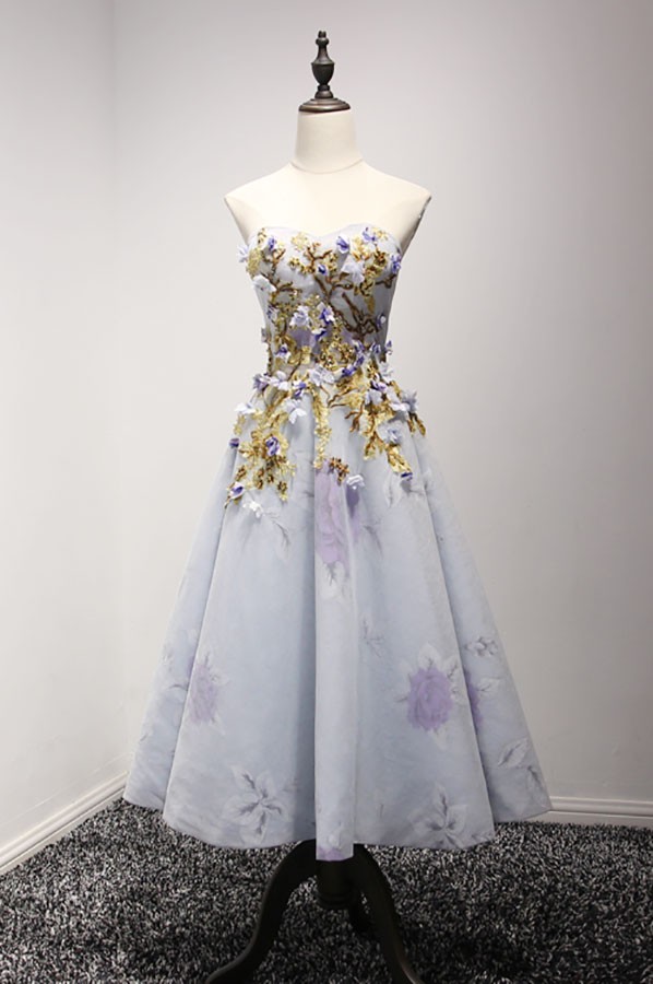 Strapless Tulle A-Line Tea-Length Blue Homecoming Dresses