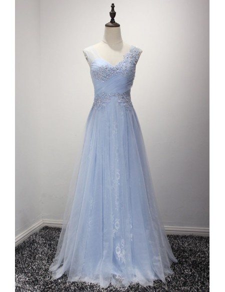 A-line One Shoulder Floor-Length Tulle Prom Dresses Sky Blue Plus Size