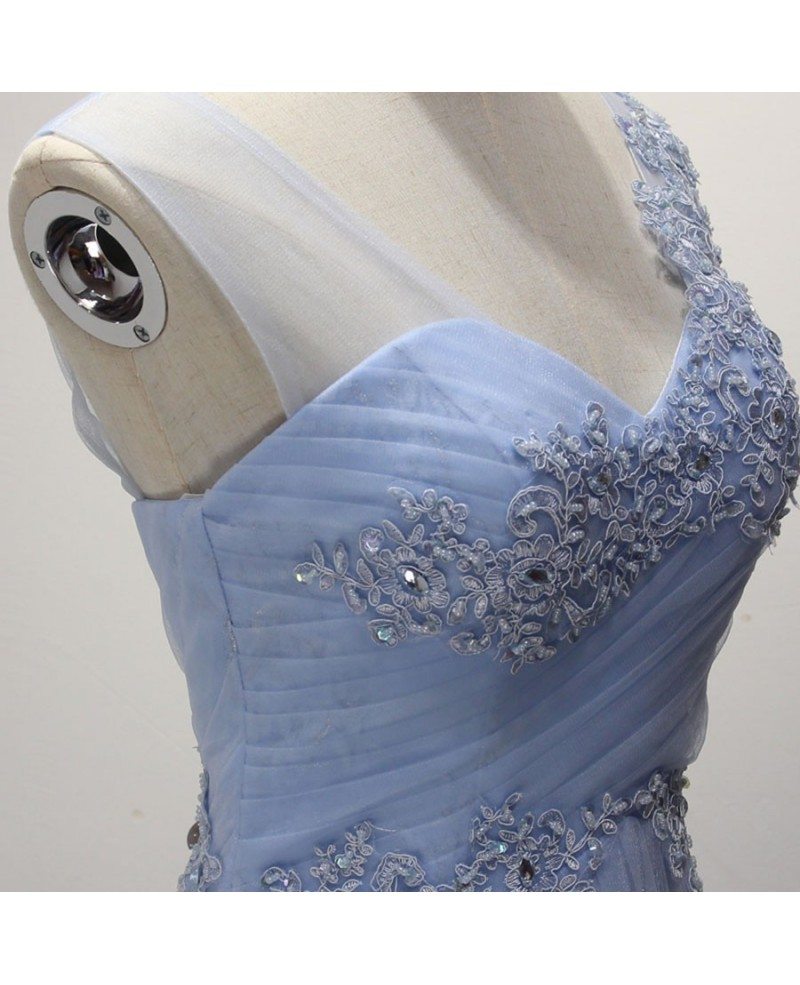 Light Sky Blue V Neck Tulle Prom Dress with Lace Appliques, Long Formal Dress with Beads UQ1760 main image 1