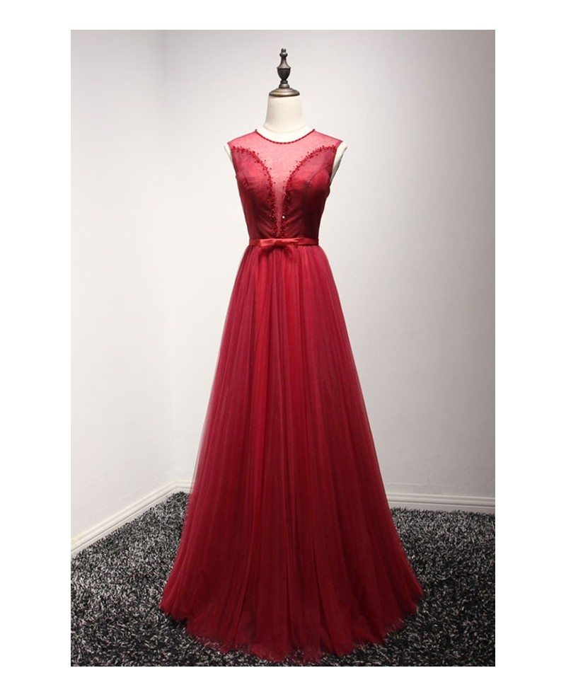 Red A-line Scoop Neck Floor-length Tulle Prom Dress With Beading #AY069 ...