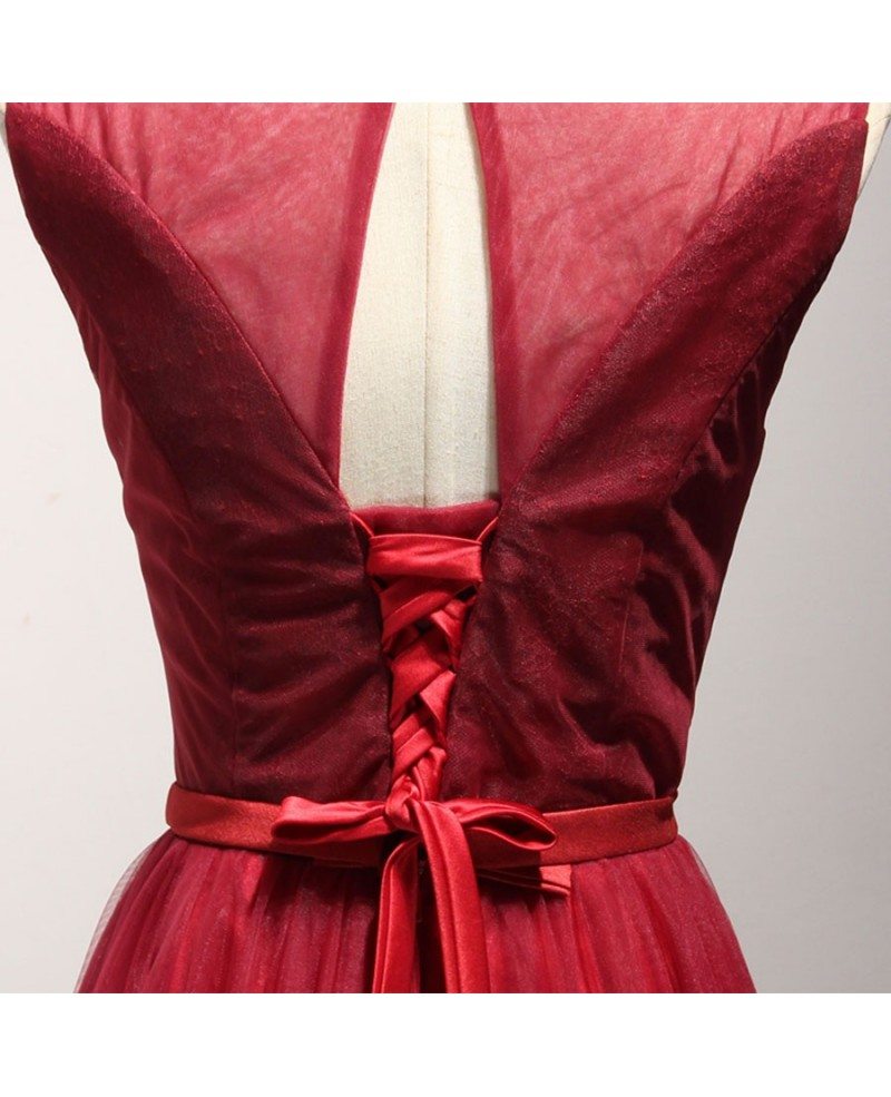Red - Scoop Neck A Line Satin Long Prom Dress With Floral