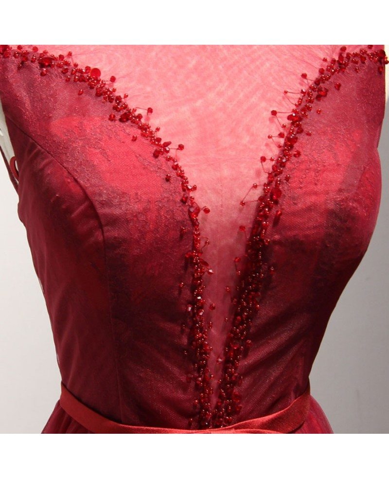 A-line Square Floor length Tulle Prom Dresses Red
