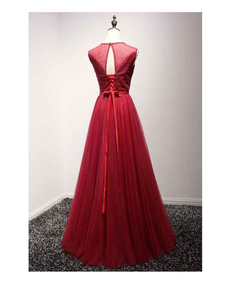 Red A-line Scoop Neck Floor-length Tulle Prom Dress With Beading #AY069 ...