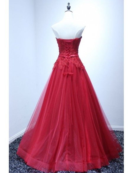 Red Ball-gown Sweetheart Floor-length Tulle Wedding Dress With Appliques Lace