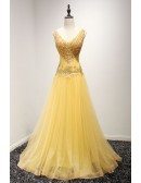 Yellow A-line V-neck Floor-length Tulle Prom Dress With Beading