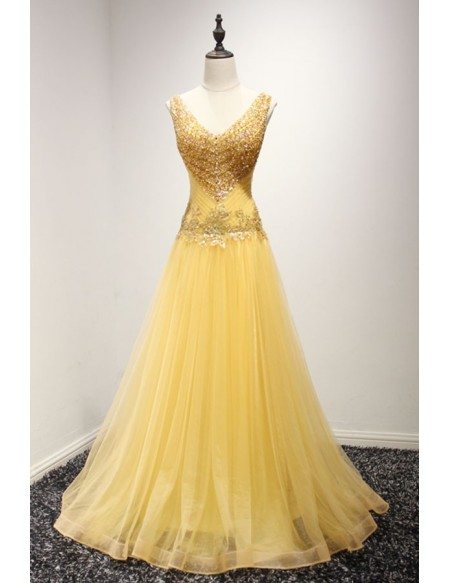 Yellow A-line V-neck Floor-length Tulle Prom Dress With Beading #AY074 ...
