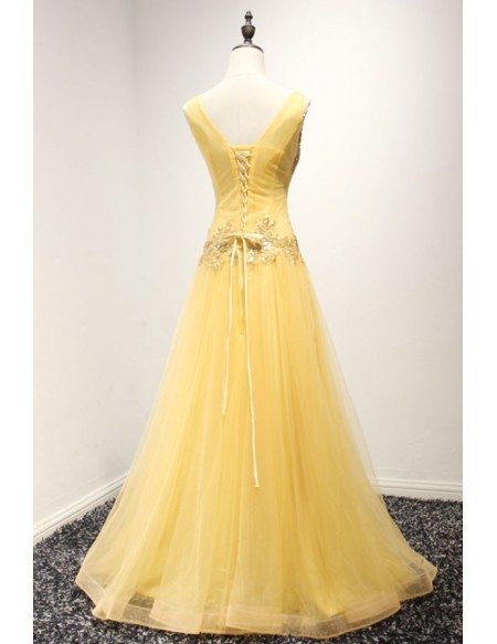 Yellow A-line V-neck Floor-length Tulle Prom Dress With Beading