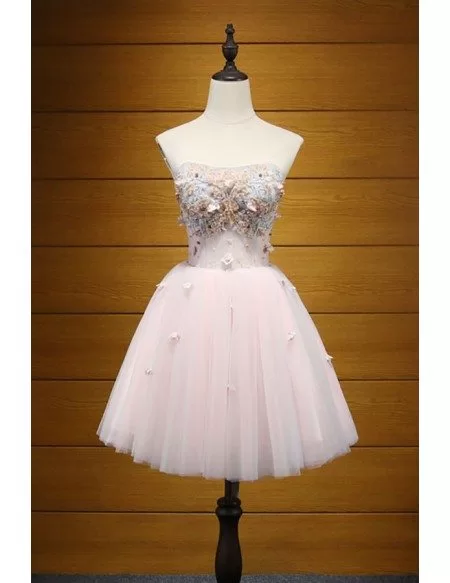 Pink Ball-gown Strapless Short Tulle Homecoming Dress With Appliques ...