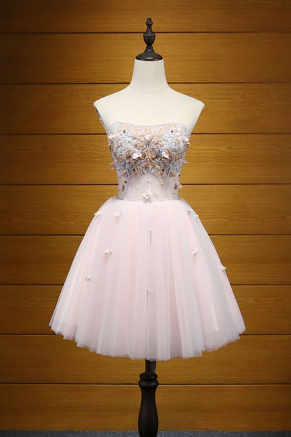 Pink Ball-gown Strapless Short Tulle Homecoming Dress With Appliques ...