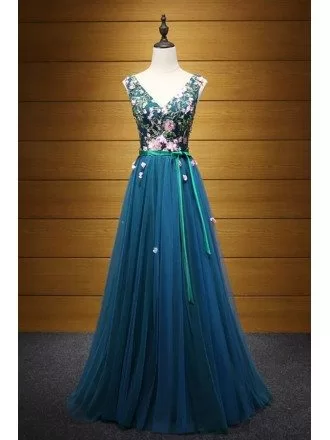 Exquisite A-line V-neck Floor-length Tulle Prom Dress With Embroidery