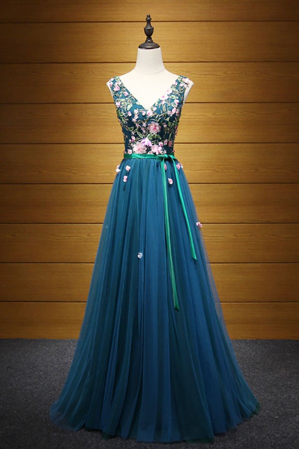 emerald green sequin dress long Green Tulle Long Prom Dresses, A-Line Off the Shoulder Evening Dresses –  Loveydress main image 1