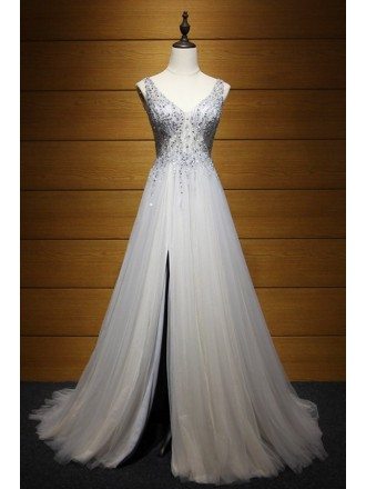 Blue Ball-gown Scoop Neck Floor-length Tulle Prom Dress With Lace
