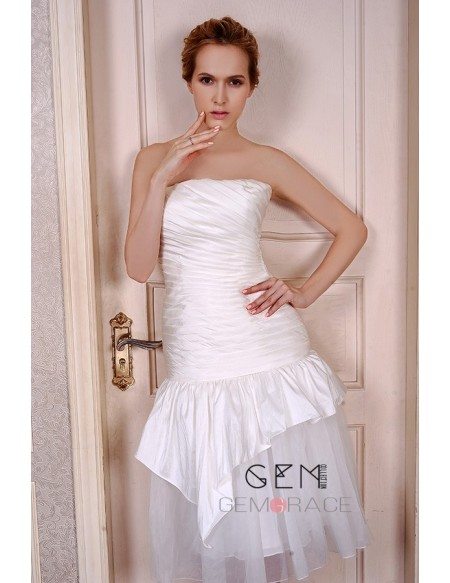 A-Line Strapless Tea-Length Satin Tulle Wedding Dress With Pleated