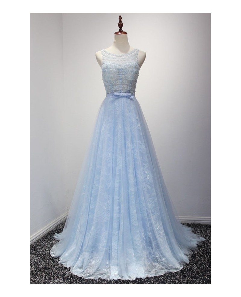 Blue Ball-gown Scoop Neck Floor-length Tulle Prom Dress With Lace #AY081  $189.99