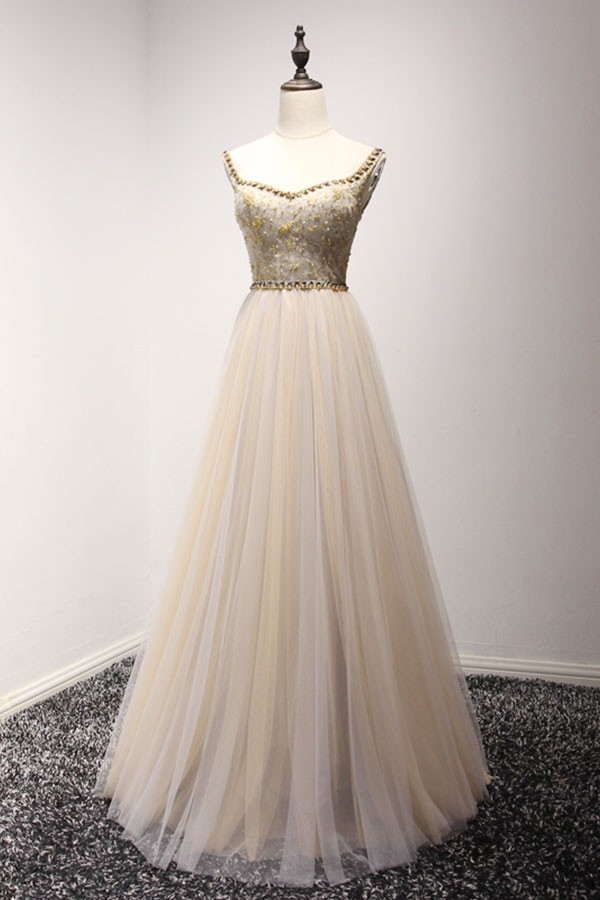 A-line Square Floor length Tulle Prom Dresses Champagne