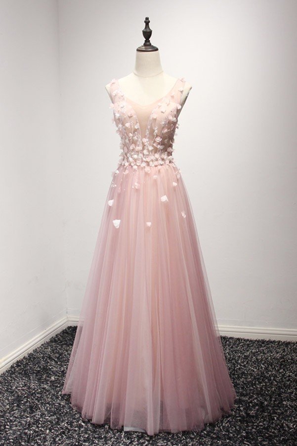 Tulle A-Line Blush V-Neck Embroidered Floral Midi Dress