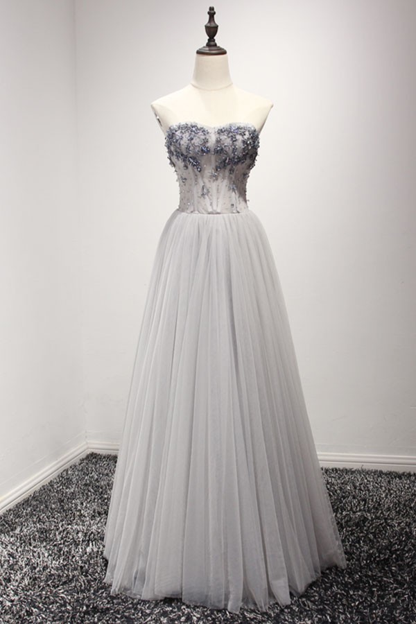A-Line Pleated Tulle Floor-Length Dress Dusty Blue