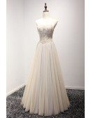 Champagne A-line Sweetheart Floor-length Tulle Prom Dress With Beading