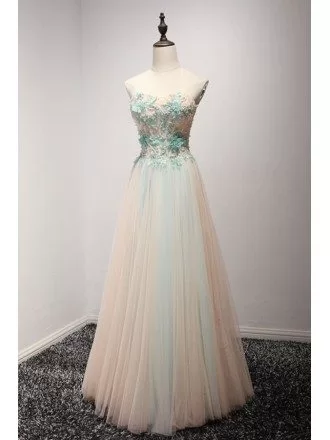 Peach A-line Sweetheart Floor-length Tulle Prom Dress With Appliques Lace