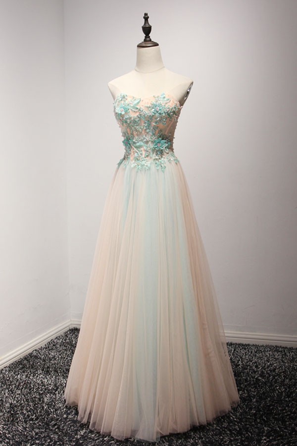A-Line Pleated Tulle Floor-Length Dress Peach