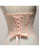 Peach A-line Sweetheart Floor-length Tulle Prom Dress With Appliques Lace
