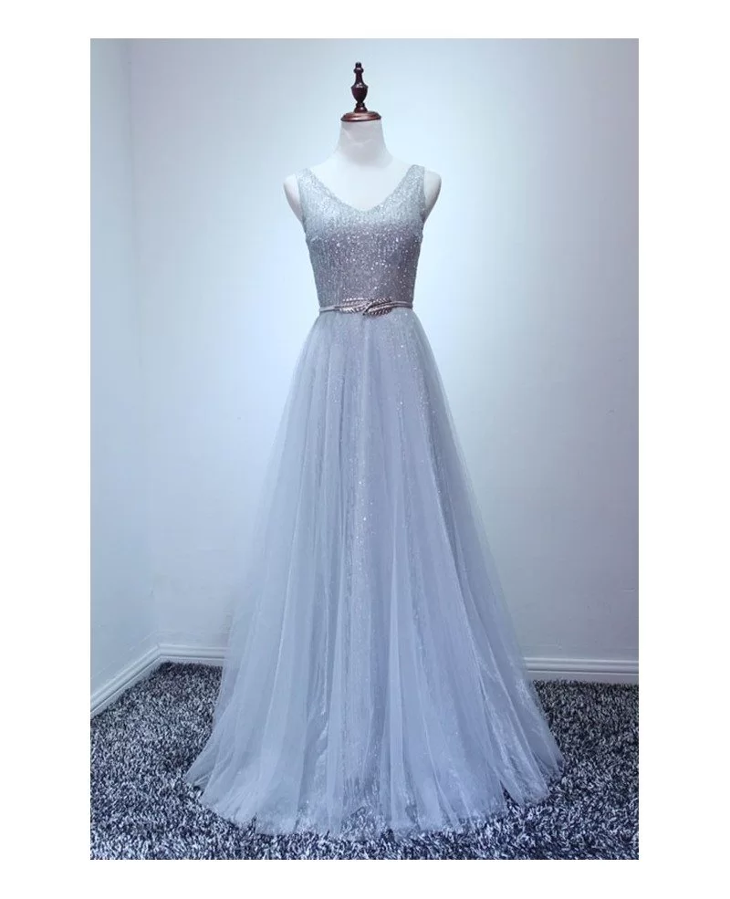 A-Line/Elegant V-neck Floor-Length Ruffles Tulle Prom Dresses main image 1